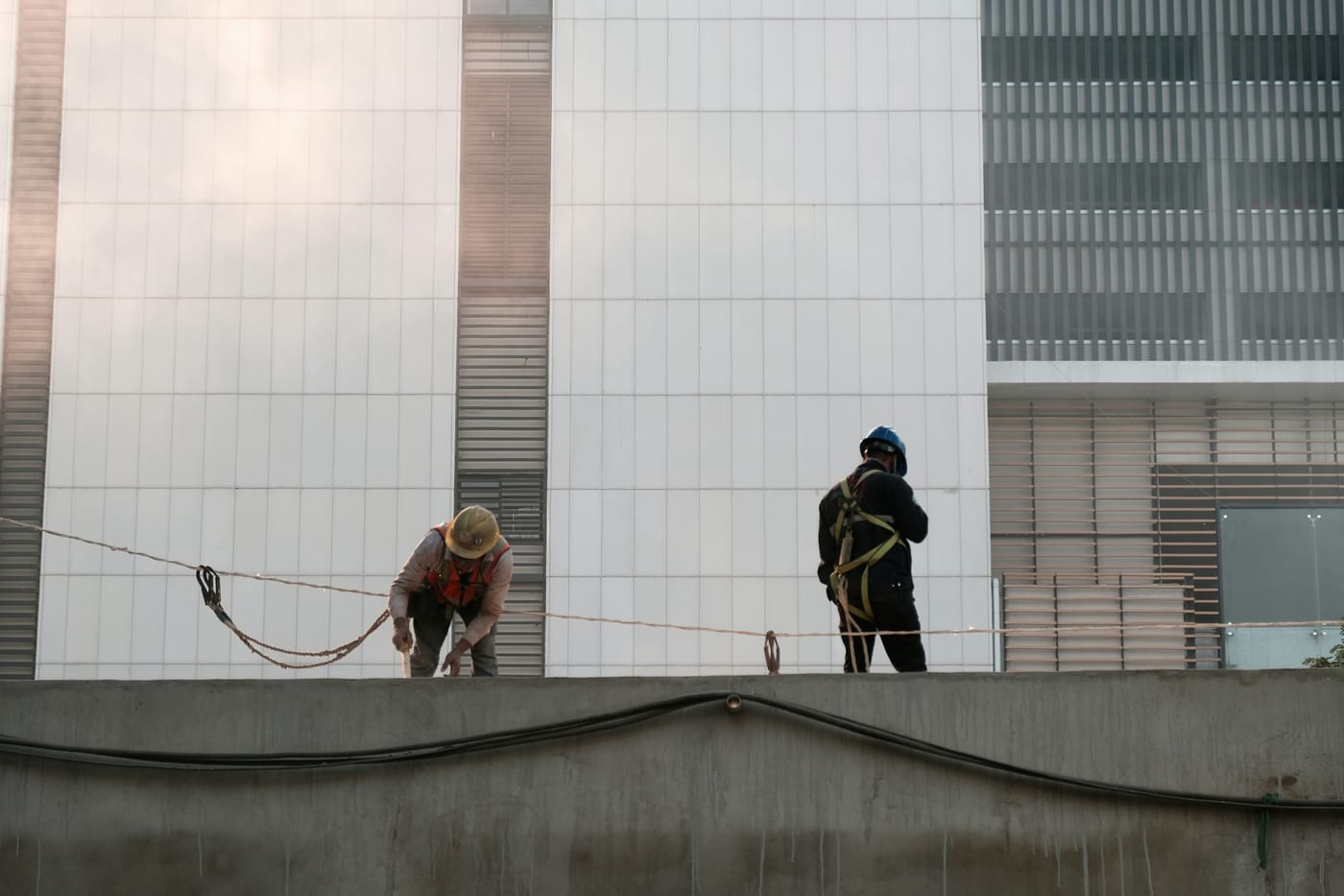 Exterior maintenance work on a commercial building